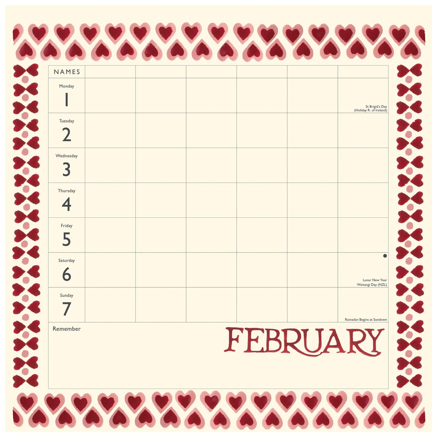 A February weekly planner page with a cream background, red and pink heart border, and labeled columns for Monday through Sunday, plus a space for notes and the word FEBRUARY at the bottom.
