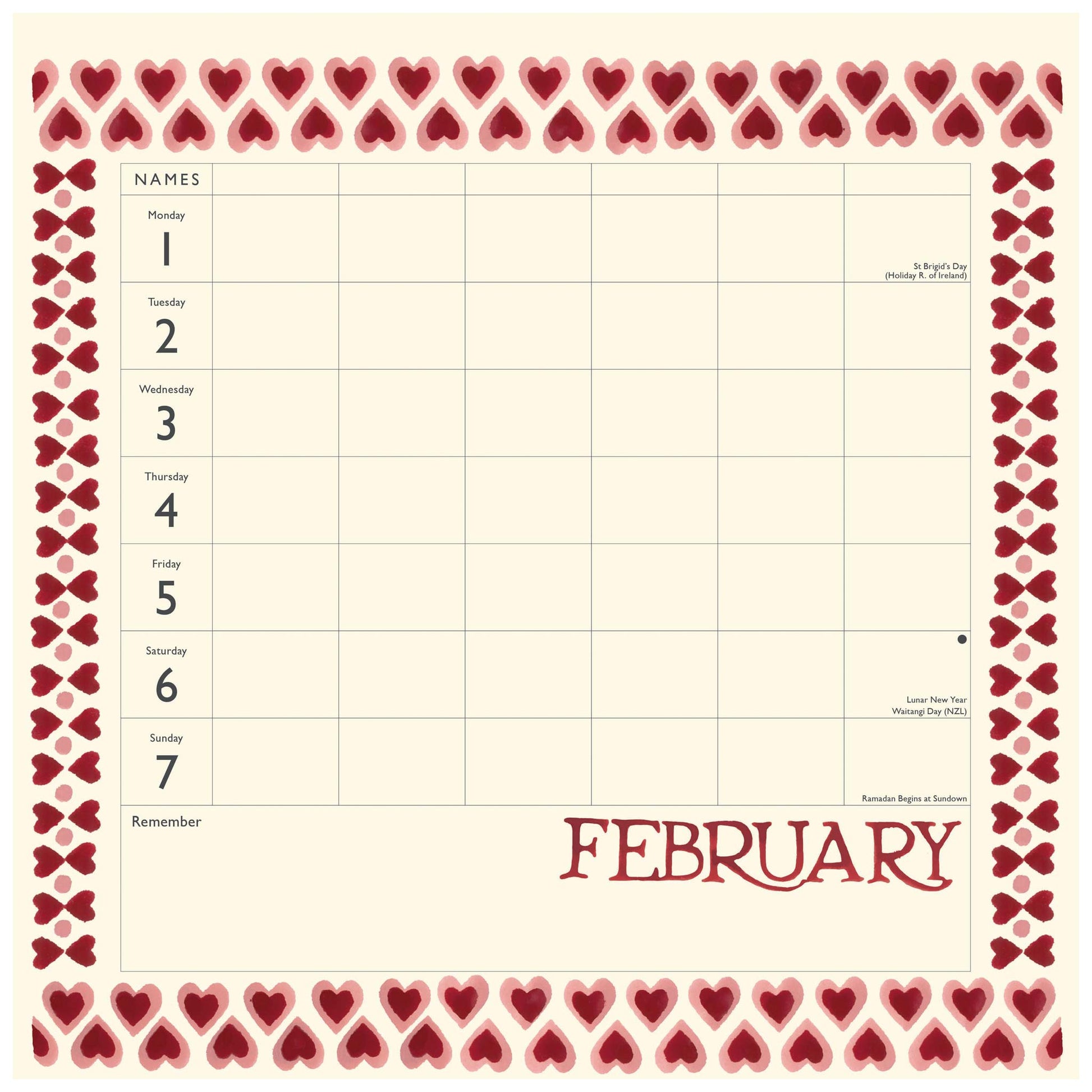 A February weekly planner page with a cream background, red and pink heart border, and labeled columns for Monday through Sunday, plus a space for notes and the word FEBRUARY at the bottom.