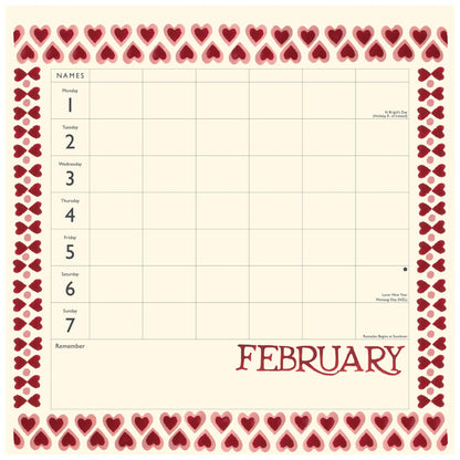 A February weekly planner page with a cream background, red and pink heart border, and labeled columns for Monday through Sunday, plus a space for notes and the word FEBRUARY at the bottom.