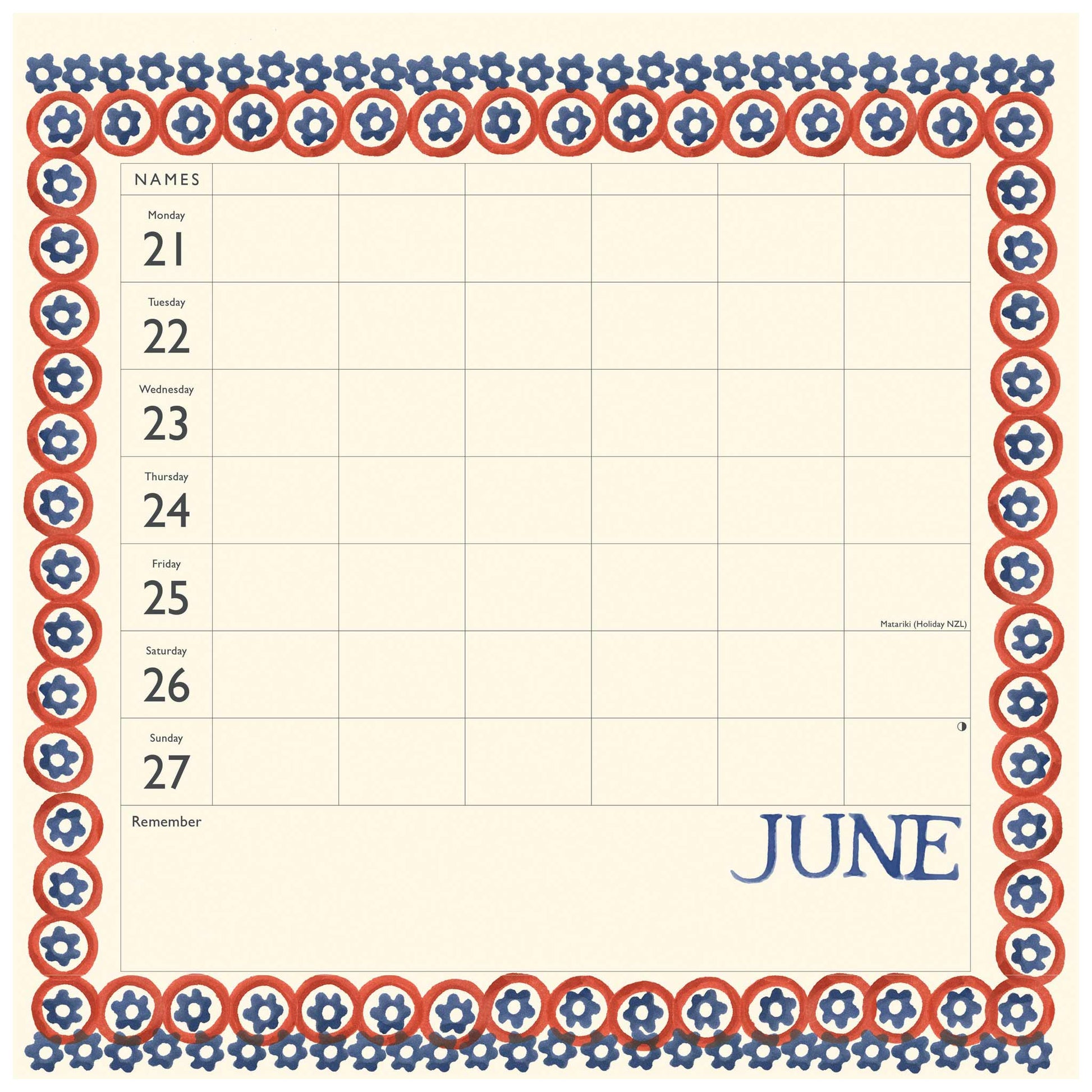 A square calendar grid pad for June with a decorative border. The pad has a cream background, with the days of the week listed on the left under a 'Names' header.