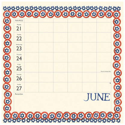 A square calendar grid pad for June with a decorative border. The pad has a cream background, with the days of the week listed on the left under a 'Names' header.