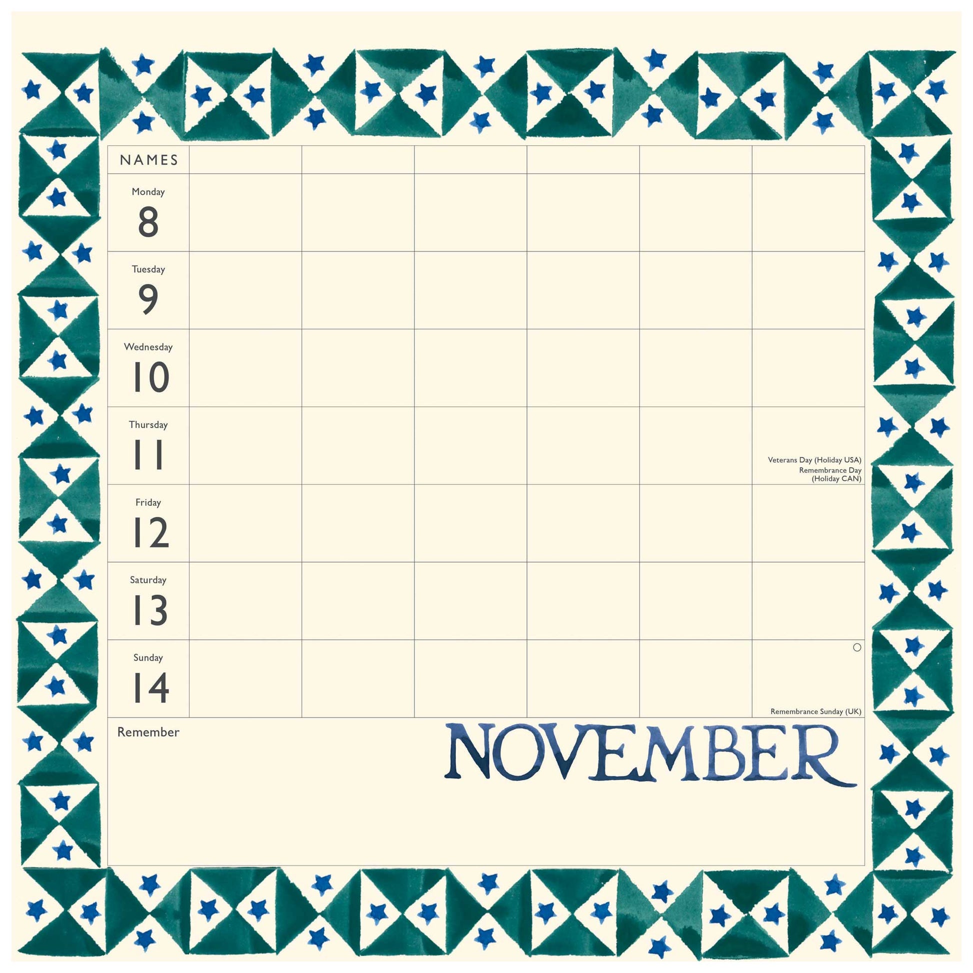 A November daily planner or calendar grid with a decorative quilt-style border in teal and blue on an off-white background. The left side lists days from Monday through Sunday, and the bottom section is labeled November.