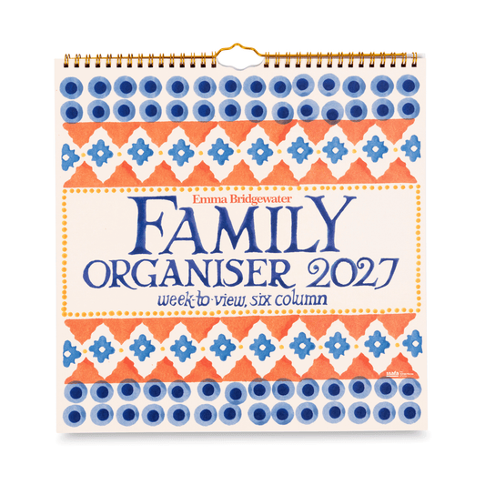 Family Organiser 2027 weekly to view, six column planner cover by Emma Bridgwater, featuring a cream background with blue and orange watercolor geometric patterns.