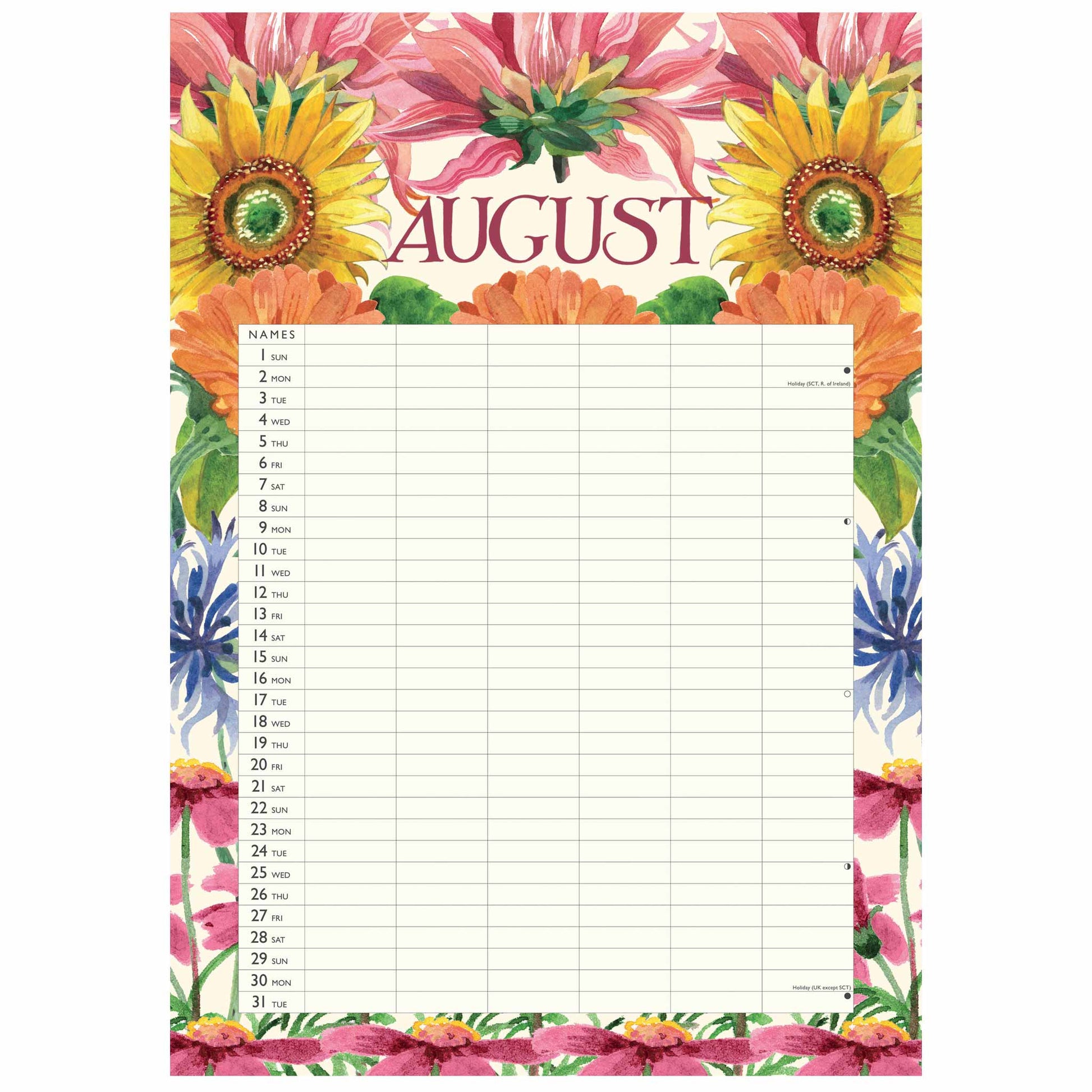 A vertical August planner or agenda pad with a colorful floral border featuring sunflowers, pink flowers, and green leaves, and a lined writing area in the center.