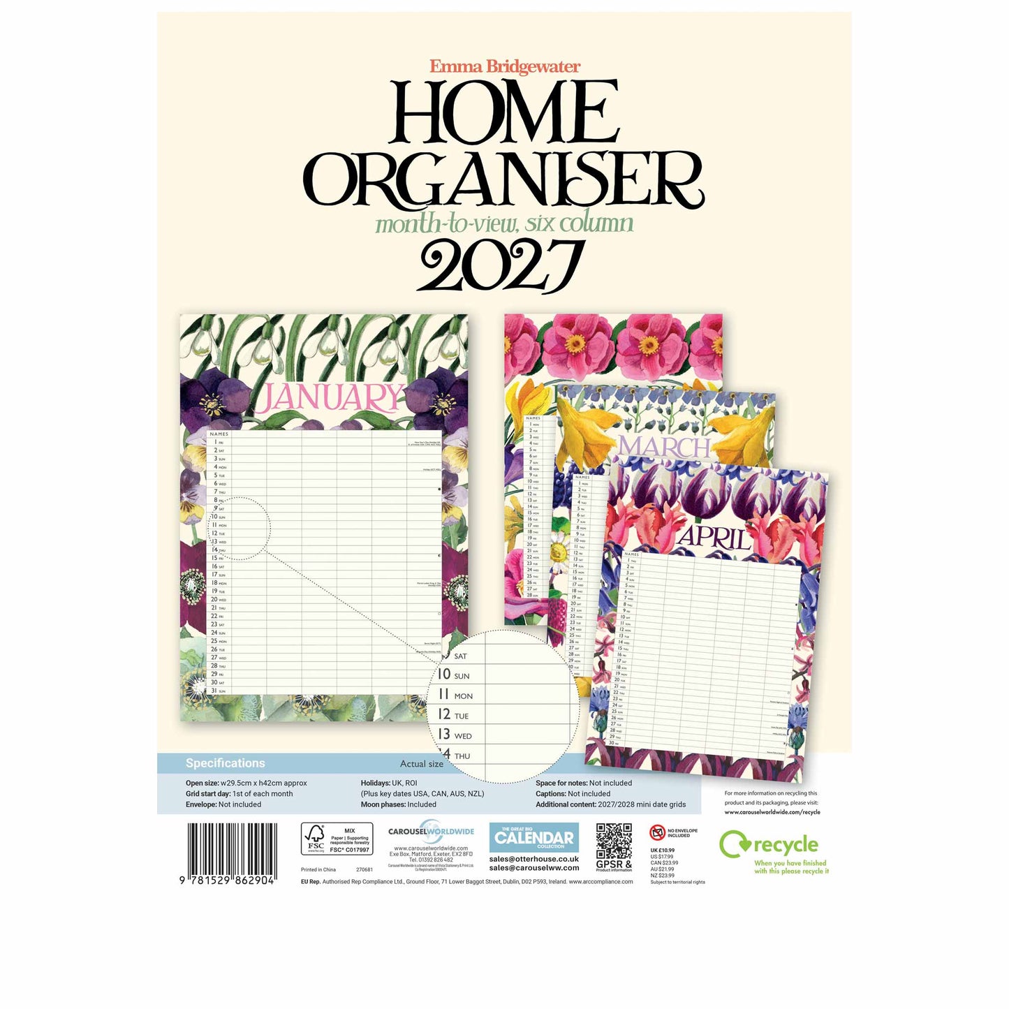 Emma Bridgwater 2027 Home Organiser monthly-to-year six-column desk calendar shown from the back, featuring floral planner page designs in pink, yellow, purple, and green on a cream background.