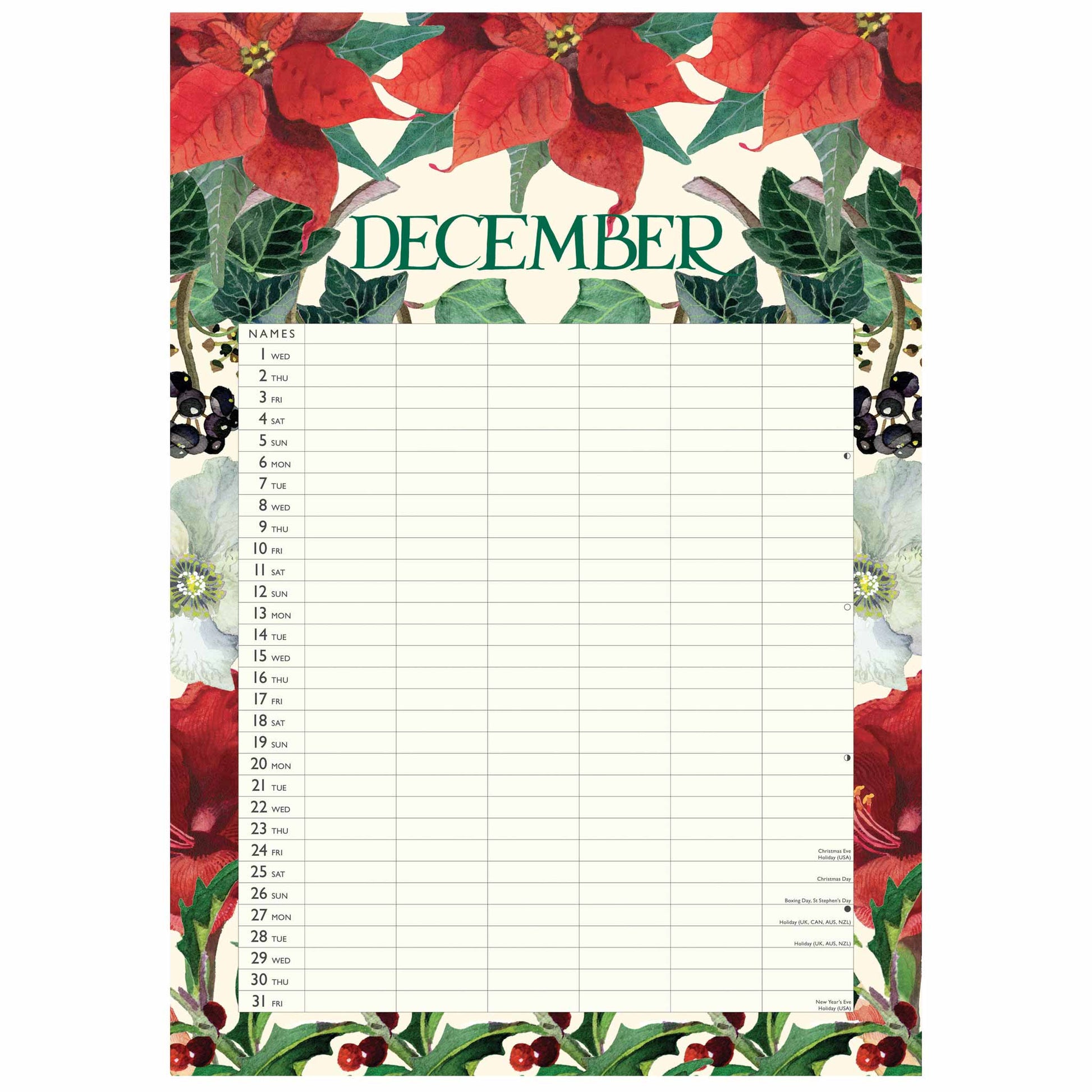 A December calendar page with a festive poinsettia and holly border, featuring a large blank writing area for dates from 1st to 30th.