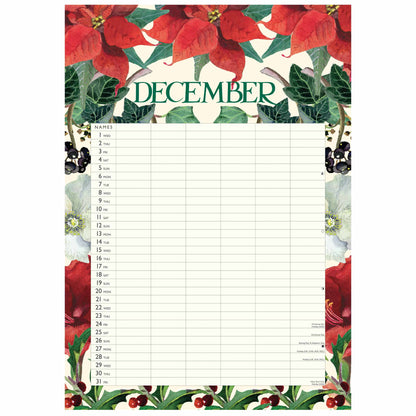 A December calendar page with a festive poinsettia and holly border, featuring a large blank writing area for dates from 1st to 30th.