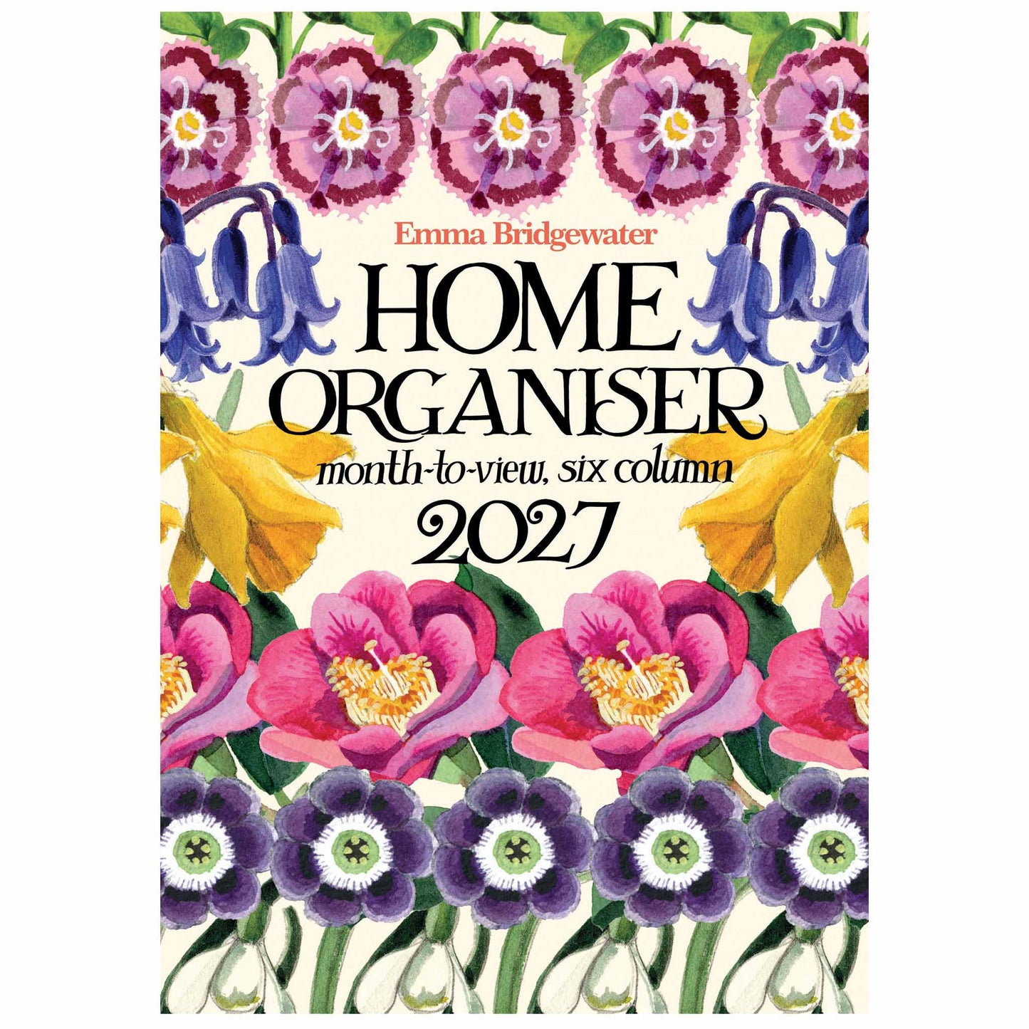 Front cover of the Emma Bridgewater Home Organiser 2027, featuring a colorful floral watercolor design with purple pansies, bluebells, yellow flowers, and large black title text on a cream background.
