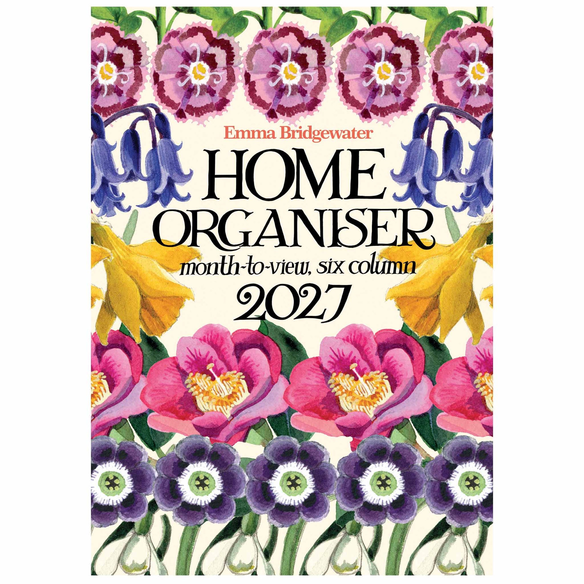 Front cover of the Emma Bridgewater Home Organiser 2027, featuring a colorful floral watercolor design with purple pansies, bluebells, yellow flowers, and large black title text on a cream background.