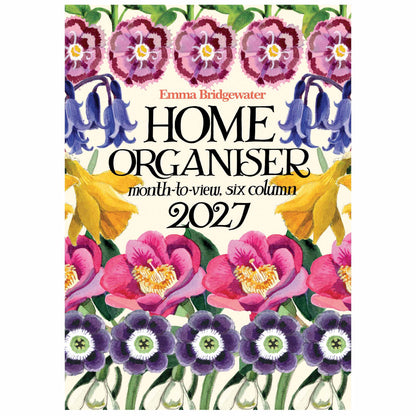 Front cover of the Emma Bridgewater Home Organiser 2027, featuring a colorful floral watercolor design with purple pansies, bluebells, yellow flowers, and large black title text on a cream background.