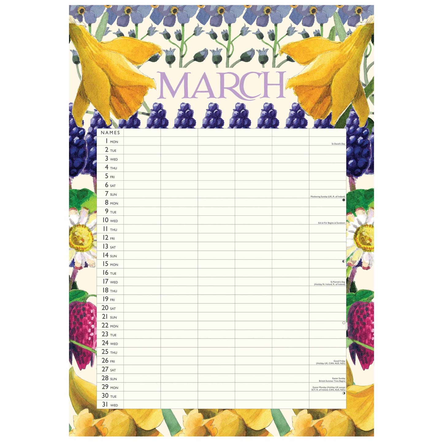 A March planner page with a floral border featuring yellow daffodils, purple bellflowers, white daisies, and pink raspberries. The page has a grid layout for daily writing and includes the word 'MARCH' at the top.