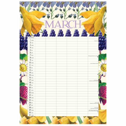 A March planner page with a floral border featuring yellow daffodils, purple bellflowers, white daisies, and pink raspberries. The page has a grid layout for daily writing and includes the word 'MARCH' at the top.
