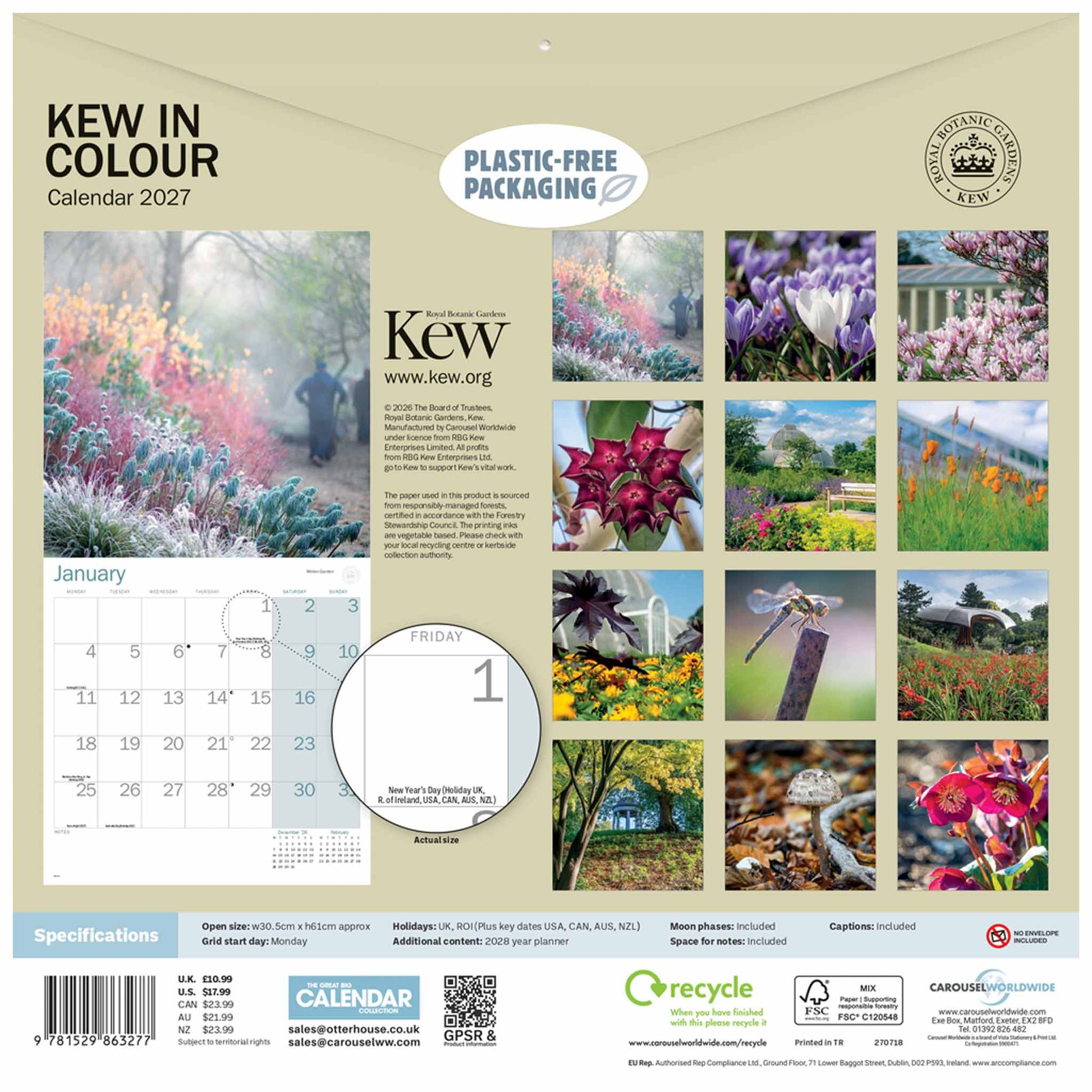Back cover of the Kew Garden Club 'Kew in Colour' 2027 wall calendar, featuring a beige background with a collage of garden and nature photographs, a sample January calendar page, and product specifications and logos.