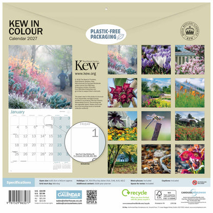 Back cover of the Kew Garden Club 'Kew in Colour' 2027 wall calendar, featuring a beige background with a collage of garden and nature photographs, a sample January calendar page, and product specifications and logos.
