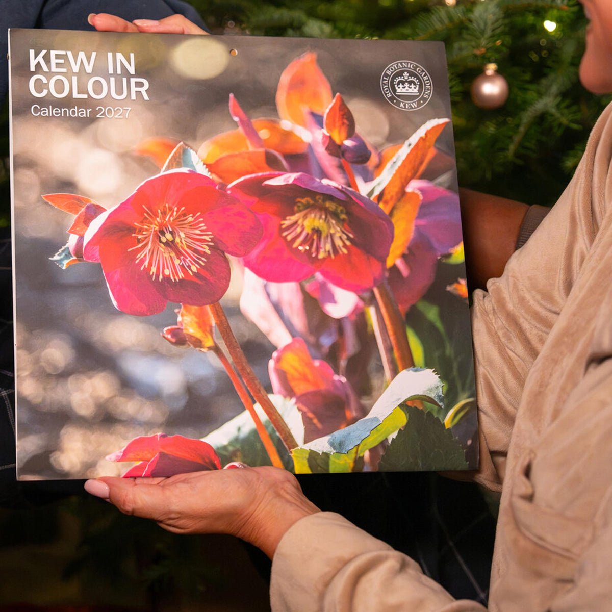 Person holding the Kew in Colour Calendar 2027, with pink flowers on the cover, white title text and a circular Kew logo.