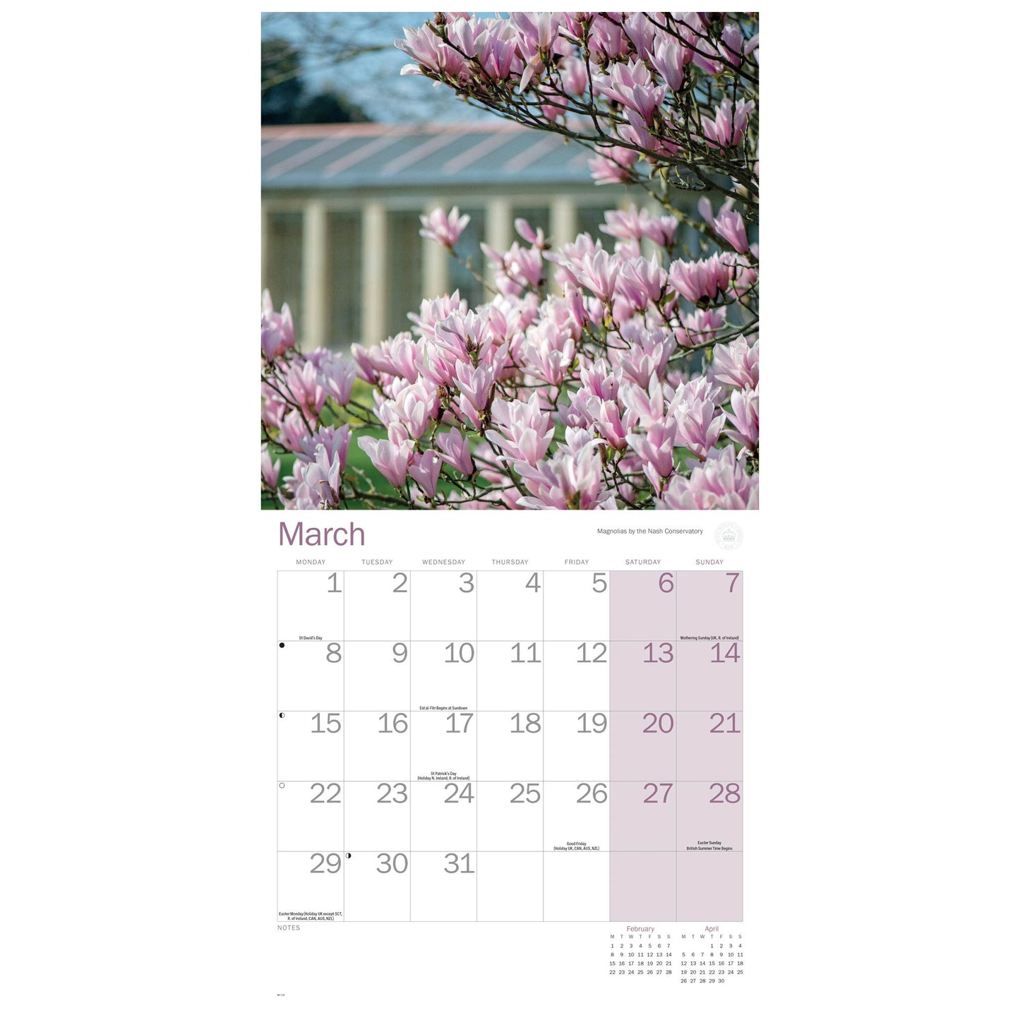 A single-page monthly calendar spread showing a large photograph of pink blossoms at the top and a March calendar grid below on a white page.