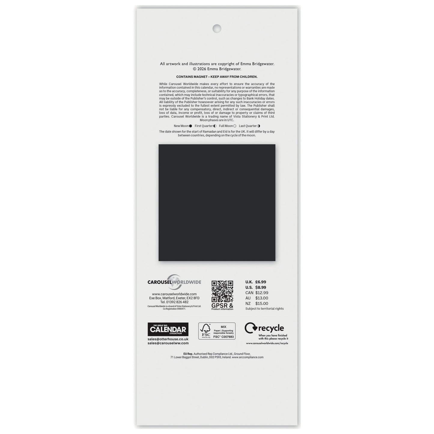 The back cover of a square art print or art calendar package by Form Bridge, featuring a large black square magnet in the center, product text, a QR code, and recycling logos on a white background.