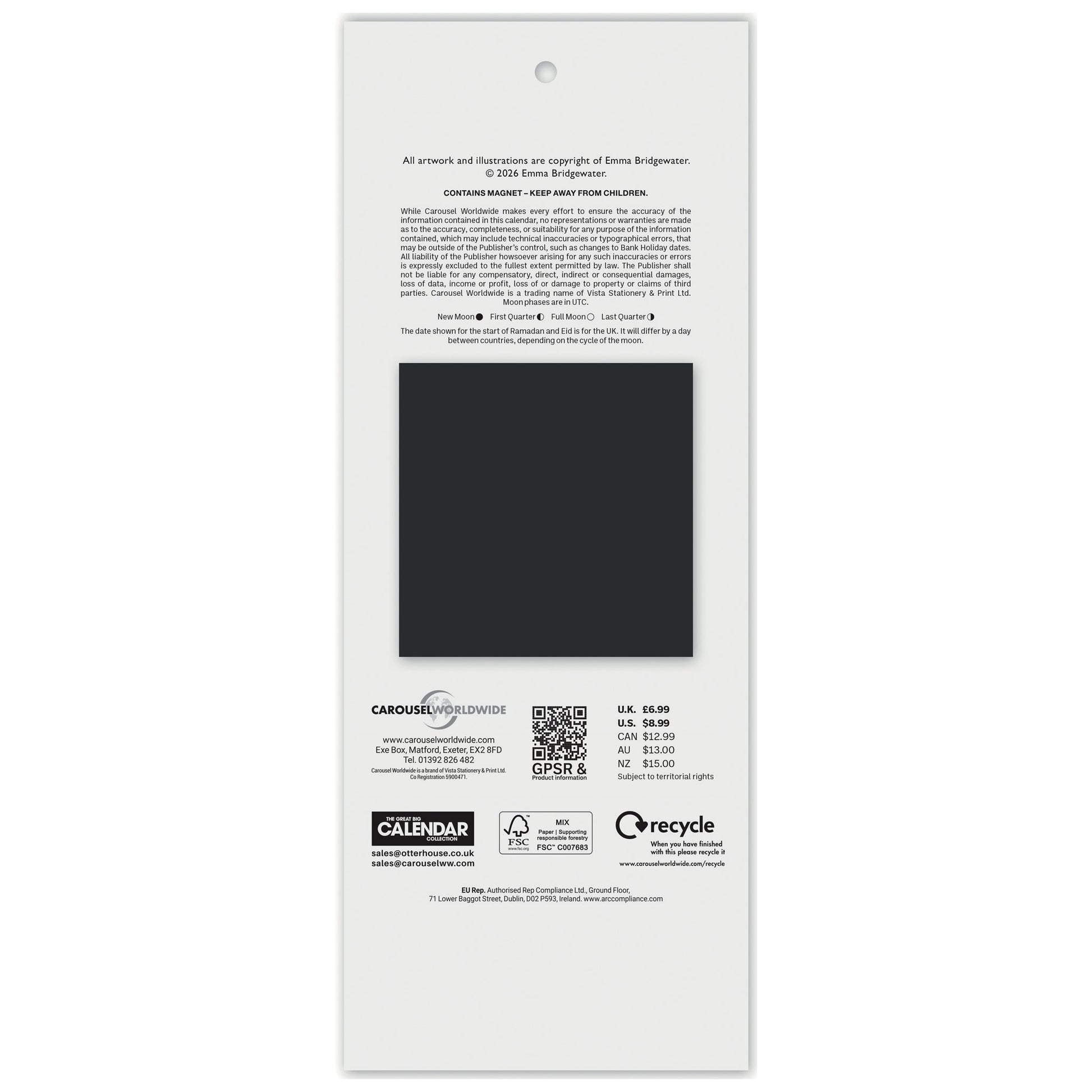 The back cover of a square art print or art calendar package by Form Bridge, featuring a large black square magnet in the center, product text, a QR code, and recycling logos on a white background.