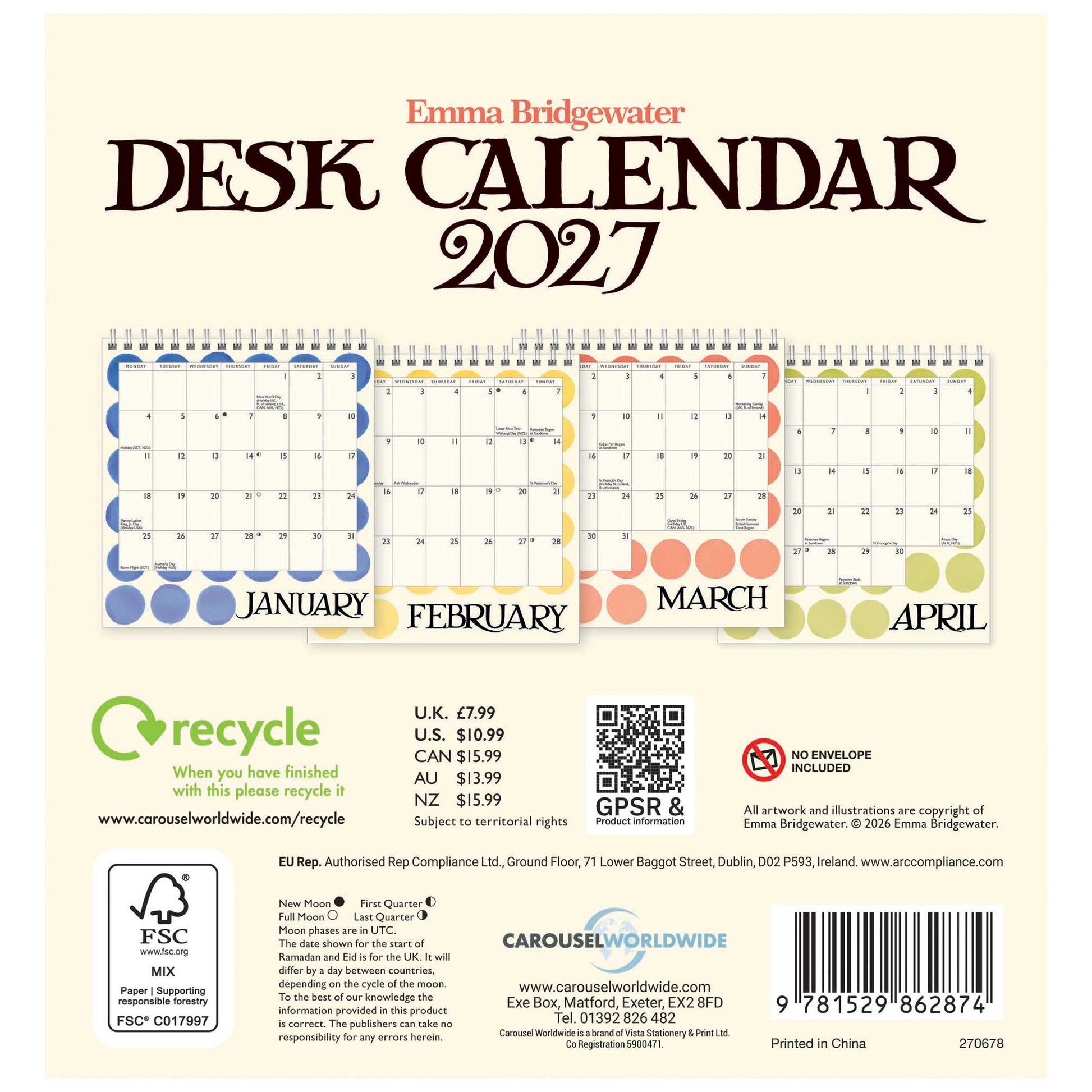 Back cover of the Emma Bridgewater Desk Calendar 2027, showing the spiral binding, four monthly calendar example previews for January through April, pricing and barcode details, and recycling/compliance logos on a cream background.