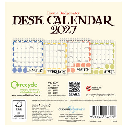 Back cover of the Emma Bridgewater Desk Calendar 2027, showing the spiral binding, four monthly calendar example previews for January through April, pricing and barcode details, and recycling/compliance logos on a cream background.