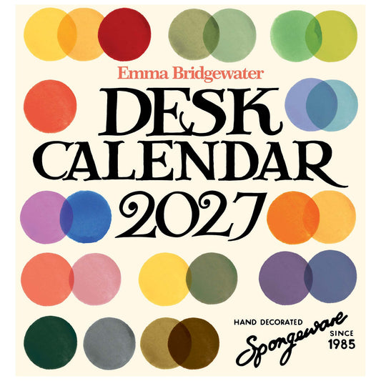 Emma Bridgewater Desk Calendar 2027 cover design with large black serif text on a warm cream background, surrounded by overlapping pastel and bright colored circles. The Spongeware brand mark appears in the lower right.