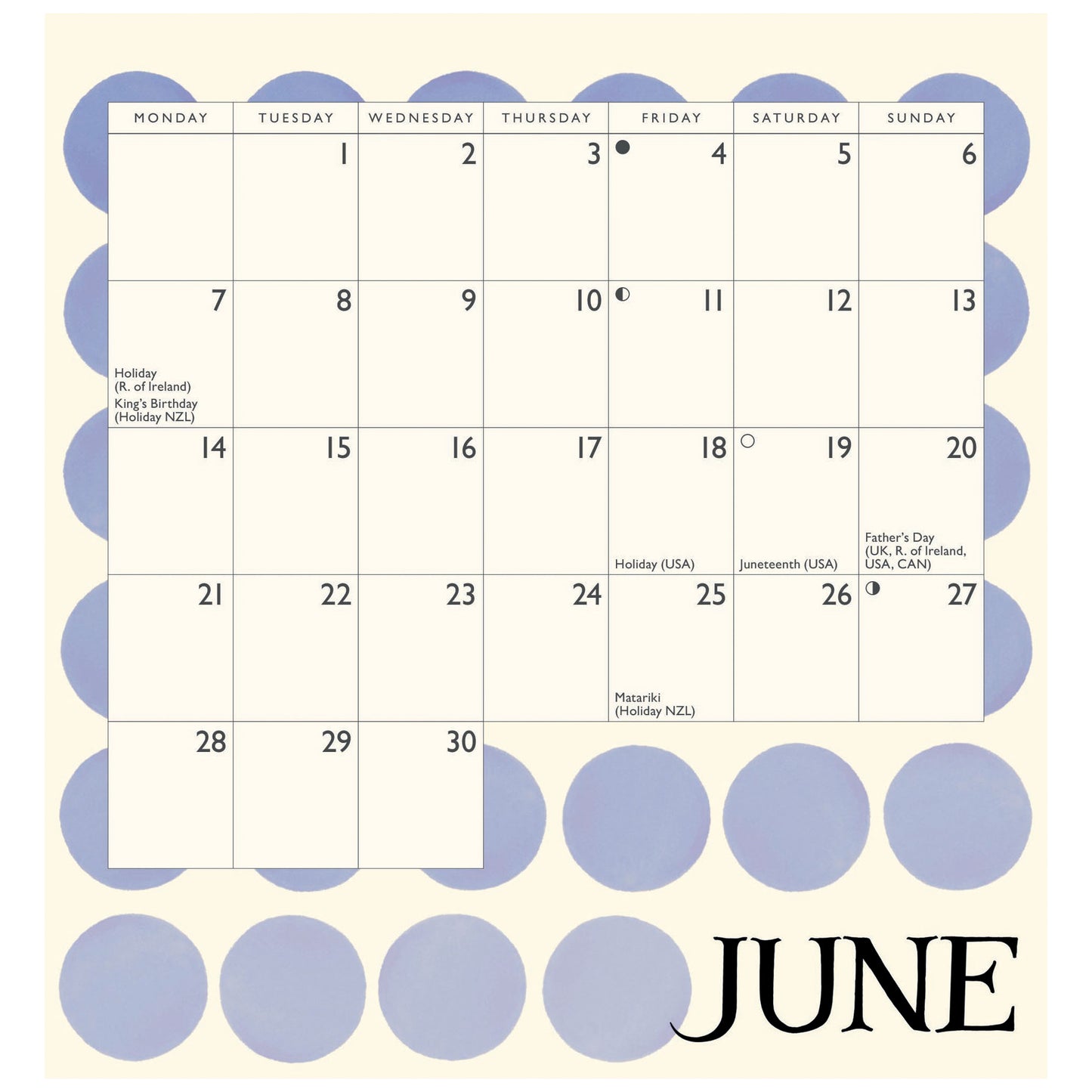 A minimalist monthly calendar page for June, shown flat against a cream background with large lavender-blue circles. The calendar has black text and grid lines.