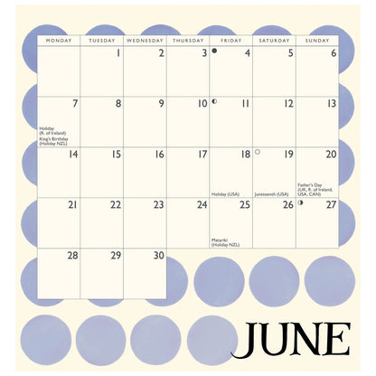 A minimalist monthly calendar page for June, shown flat against a cream background with large lavender-blue circles. The calendar has black text and grid lines.