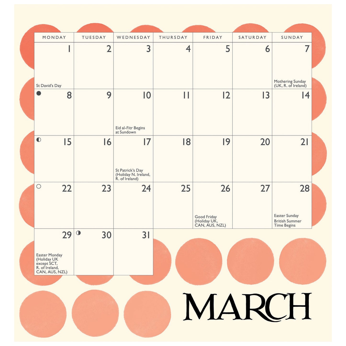 A minimalist monthly calendar page for March, featuring a cream grid with peach circular decorative shapes and the word 'MARCH' in large black serif font at the bottom.