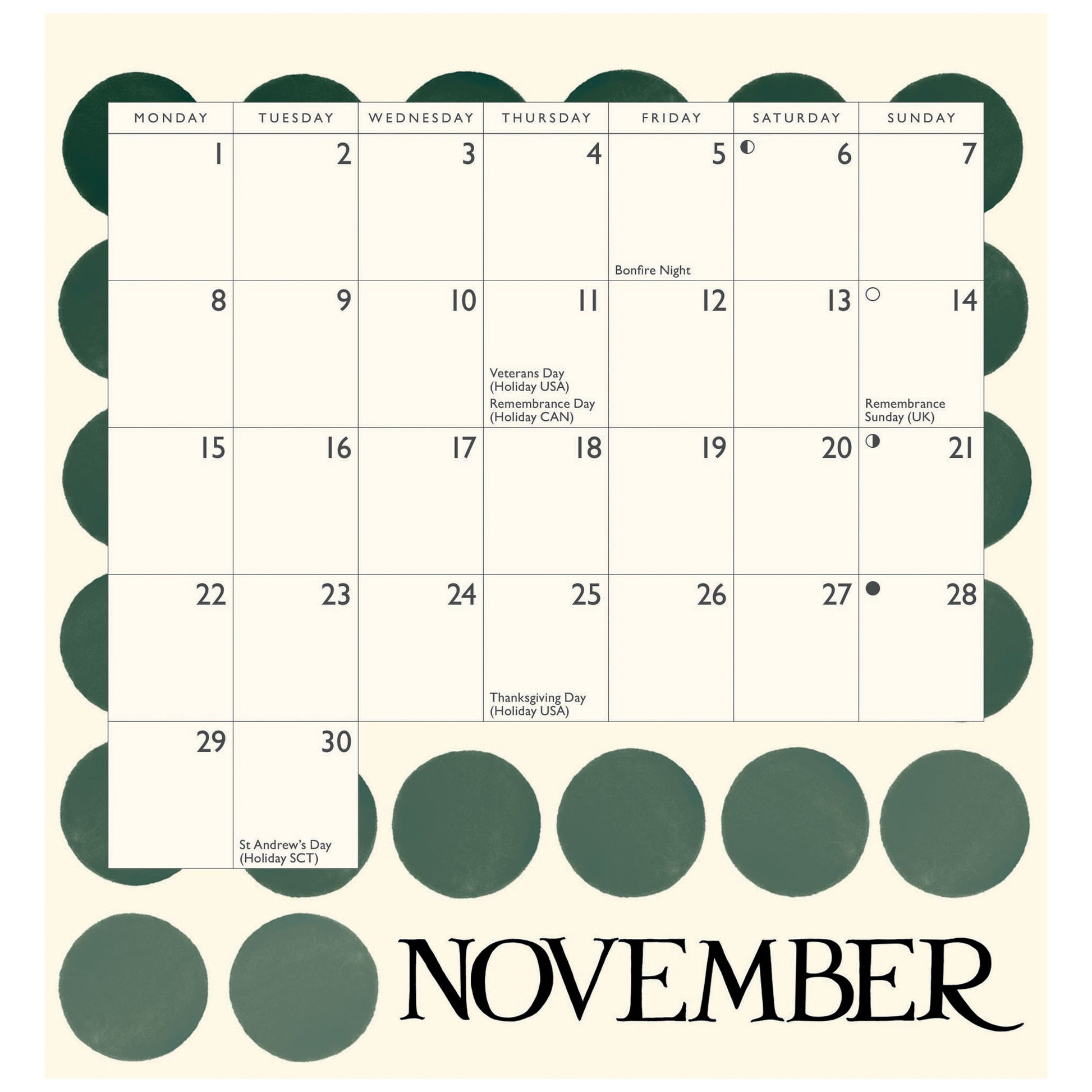A November calendar page with a cream background, dark green circular border, and the word 'NOVEMBER' in large black script at the bottom. Days of the week are labeled across the top, and a few dates have small notes written in black.