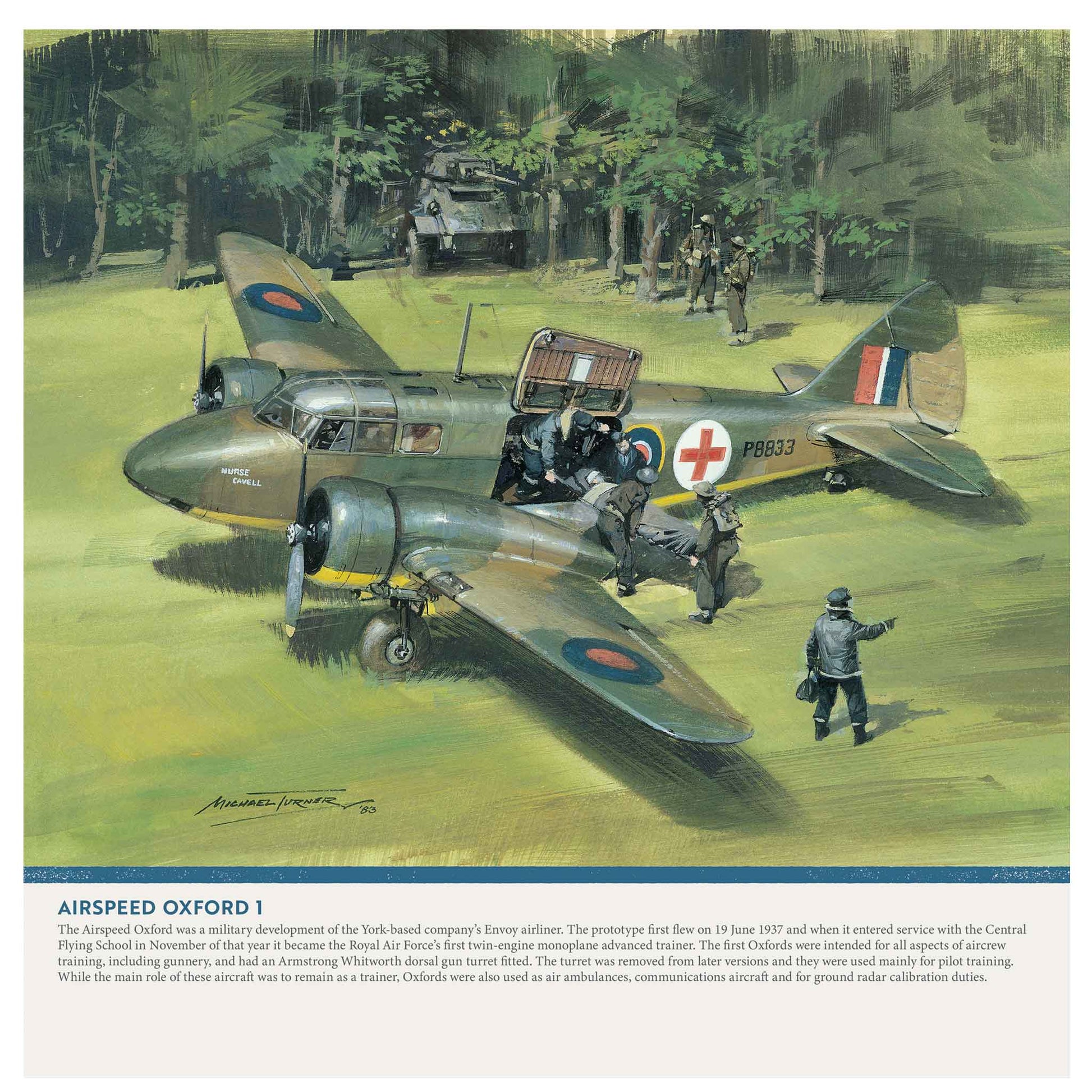 A vintage-style illustrated poster or print showing a military biplane on a grassy airfield with crew loading/unloading the aircraft and a small car in the background. The plane has roundel markings and a red cross on the side, with a blue text band at the bottom containing the title 'AIRSPEED OXFORD 1'.