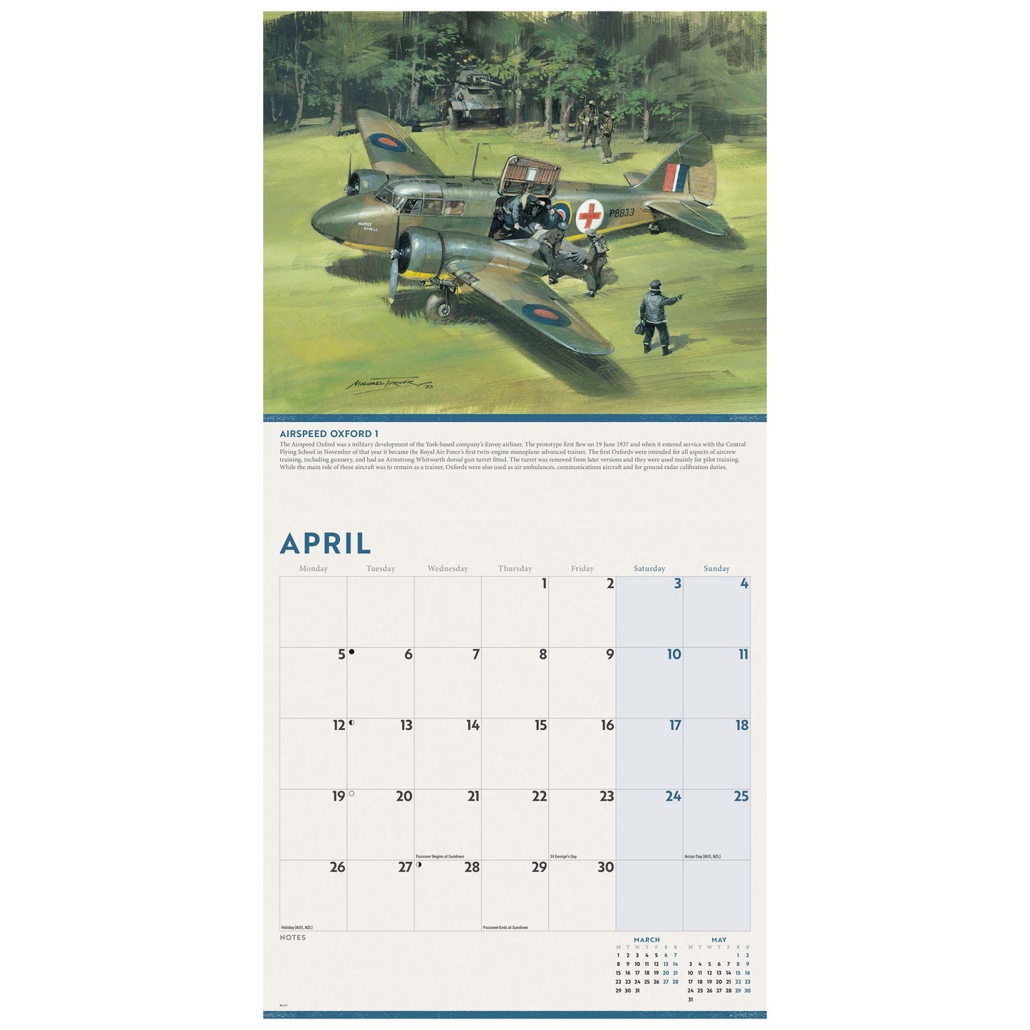 A vintage military aircraft, an Airspeed Oxford 1, calendar page featuring a painted scene of an airplane on a grassy field above an April calendar grid.