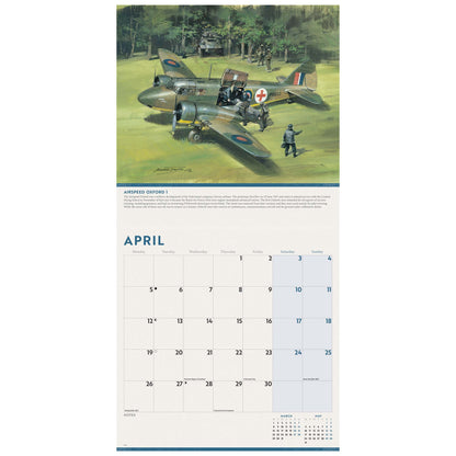 A vintage military aircraft, an Airspeed Oxford 1, calendar page featuring a painted scene of an airplane on a grassy field above an April calendar grid.