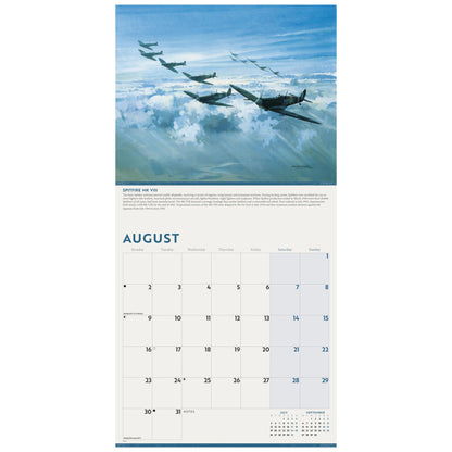 A vertical wall calendar page showing an August calendar layout below a large printed photograph of several vintage airplanes, Spitfire MK VIII's flying in formation above clouds, with the heading AUGUST.
