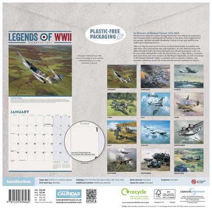 Back cover of a 'Legends of WWII Calendar 2025' plastic-free packaging, featuring a large January calendar page, a circular window cutout, and a grid of twelve different WWII aircraft illustrations on a textured light gray background.