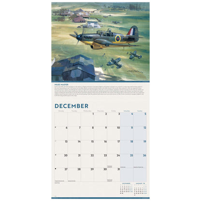 A vertical wall calendar page featuring a World War II scene at the top with multiple vintage fighter planes flying over a green landscape. Below the illustration is a December calendar grid with blank date boxes and small text sections.