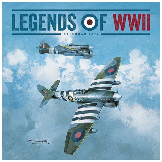 A square calendar cover titled "LEGENDS OF WWII CALENDAR 2027" featuring painted Hawker Typhoon Mk.Ib World War II fighter planes flying through a blue sky with clouds.