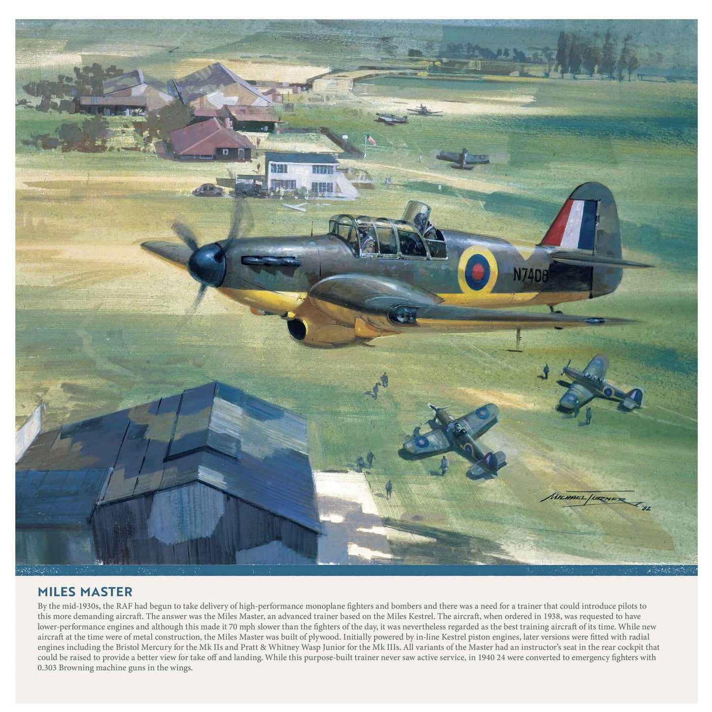 A vintage-style illustrated poster or print showing a World War II-era military aircraft in flight over a rural landscape, with smaller planes below and buildings in the background. A blue caption band runs along the bottom with the title 'MILES MASTER' and several lines of explanatory text.