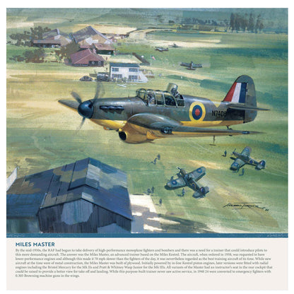A vintage-style illustrated poster or print showing a World War II-era military aircraft in flight over a rural landscape, with smaller planes below and buildings in the background. A blue caption band runs along the bottom with the title 'MILES MASTER' and several lines of explanatory text.