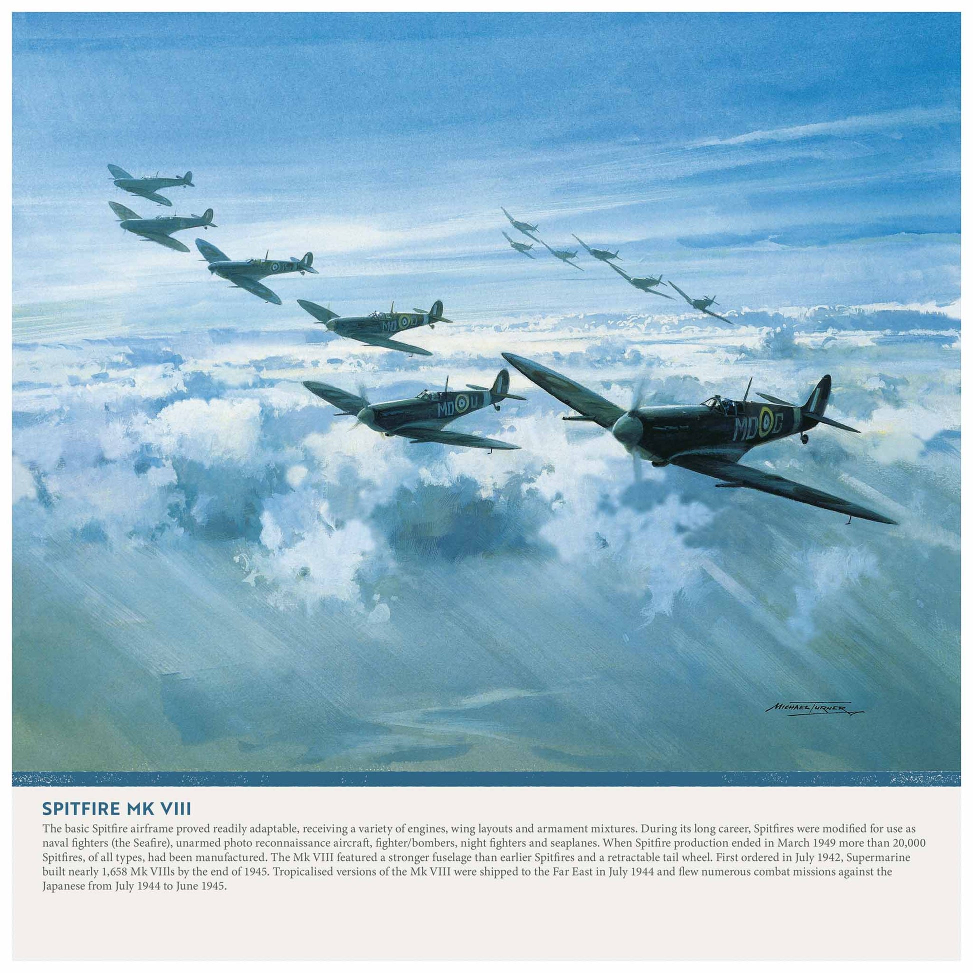 A printed art poster depicting a formation of Spitfire Mk VIII World War II fighter planes flying through clouds, with a blue border and a text block at the bottom reading 'SPITFIRE MK VIII'.