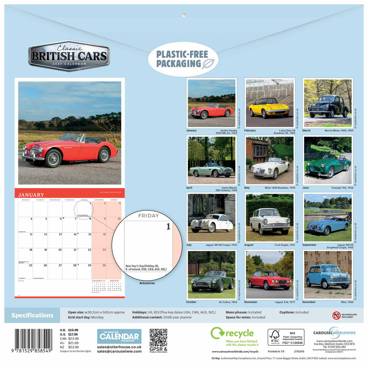 A flat lay of a Classic British Cars calendar page, showing the January layout with a red car photo, calendar grid, and Friday page preview, alongside a grid of other featured car models on a light blue background. Shows a small phograph of the 12 cars featured on each month.