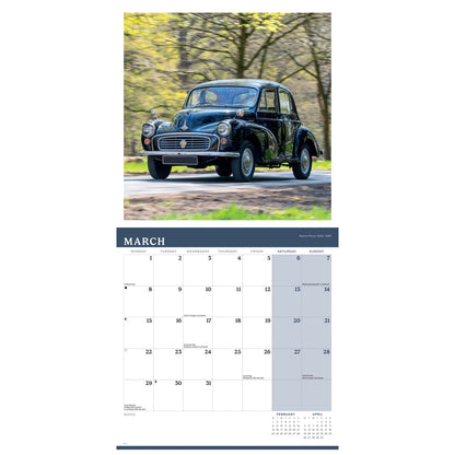 A wall calendar page for March featuring a Morris Minor 1000 photograph at the top and a monthly calendar grid below on a white background.