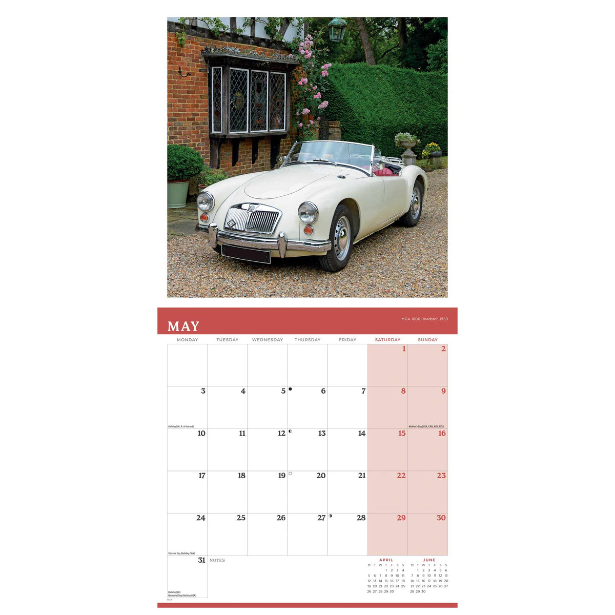 A May calendar page featuring a photograph of a cream convertible MGA 1600 Roadster parked outdoors in front of a brick building and green hedges, with a pink-and-white monthly calendar grid below.