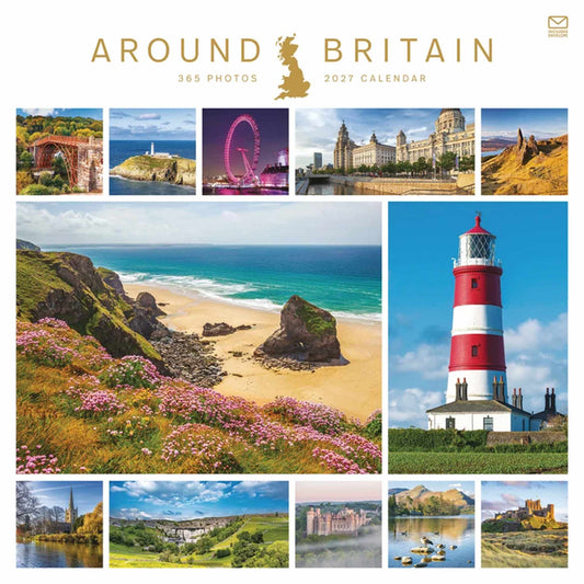 Around Britain 2027 calendar cover featuring a collage of scenic photographs including a beach, lighthouse, castle, and countryside landscapes, with the title 'Around Britain' and a small envelope icon at the top.