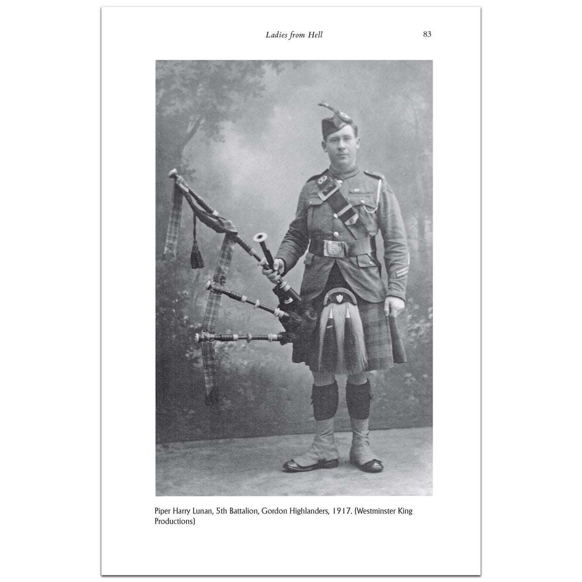 A black-and-white printed page showing a vintage portrait of a man in Scottish Highland dress holding bagpipes, with the caption 'Piper Harry Lonsay, 5th Battalion, Gordon Highlanders, 1917 (Weinmeister King Productions)' and the page header 'Lakes from Hell' at the top.