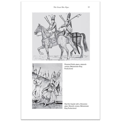 A printed page from a book or magazine showing two black-and-white historical illustrations of mounted and marching soldiers with bagpipes, captioned 'The Great War Pipes' with page number 23.