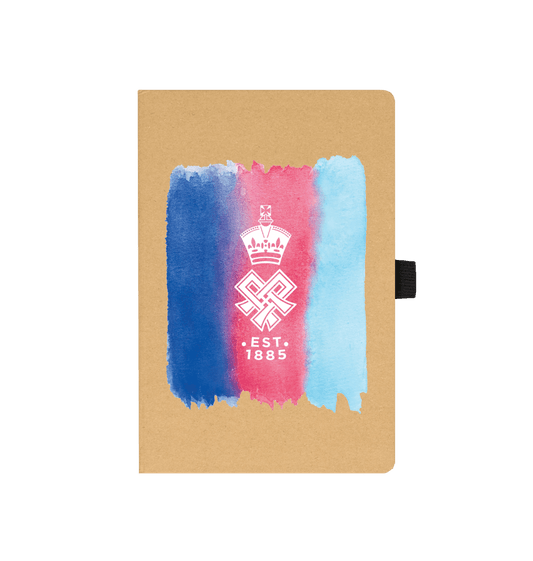 Kraft Printed Notebook Front, with tri-stripe watercolur in navy, blue and red, overlaid with the SSAFA crest.